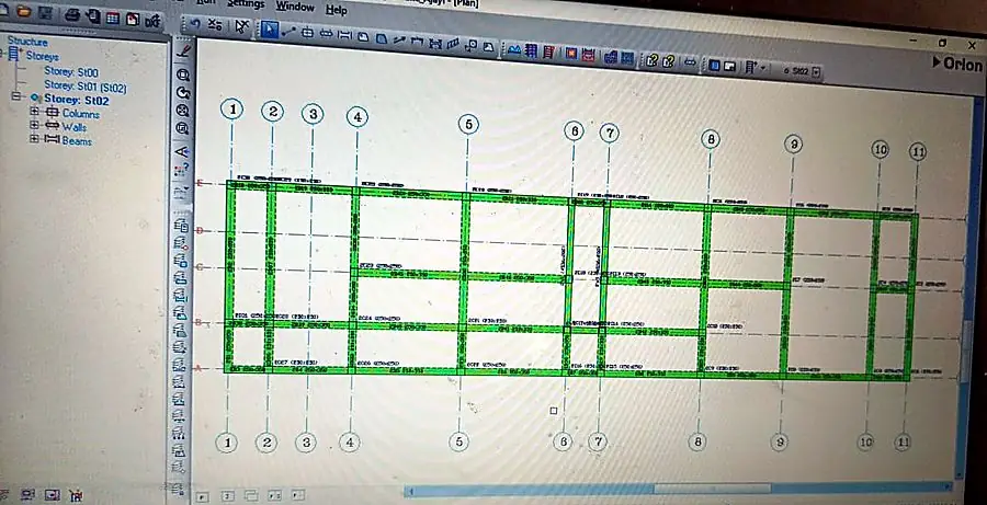 Structural frame analysis model of a multi-storey building