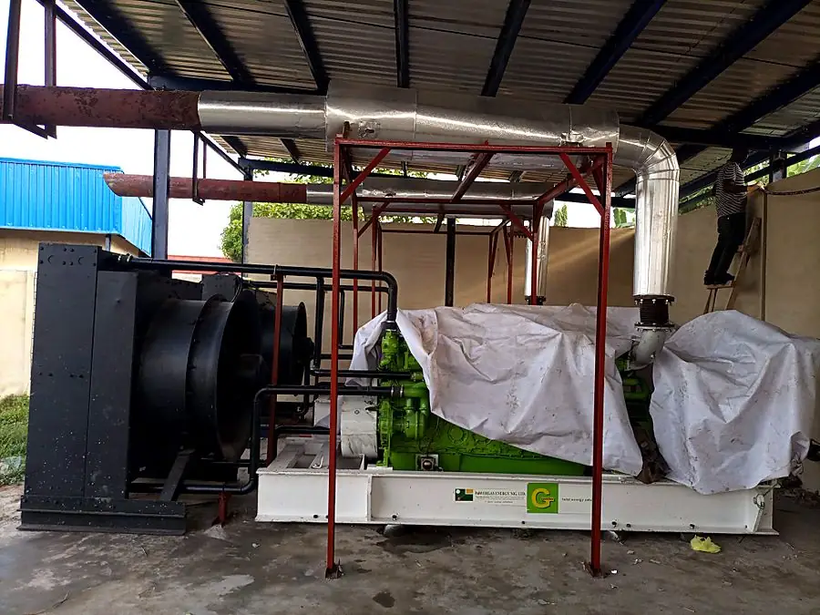Industrial generator set installed with exhaust ducting and support steelwork at Afrihind, Ota